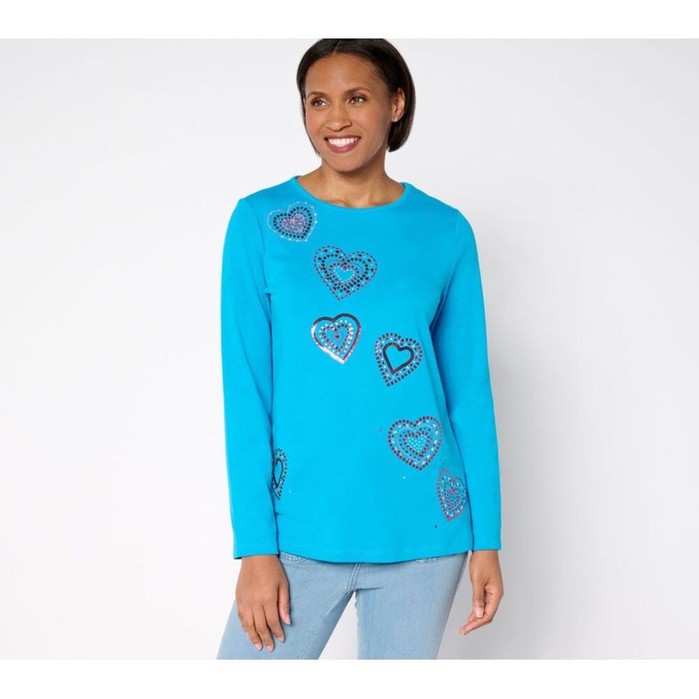 Quacker Factory Women's Top Plus Sz 1X Be Mine Rhinest Long-Sleeve Blue A677833